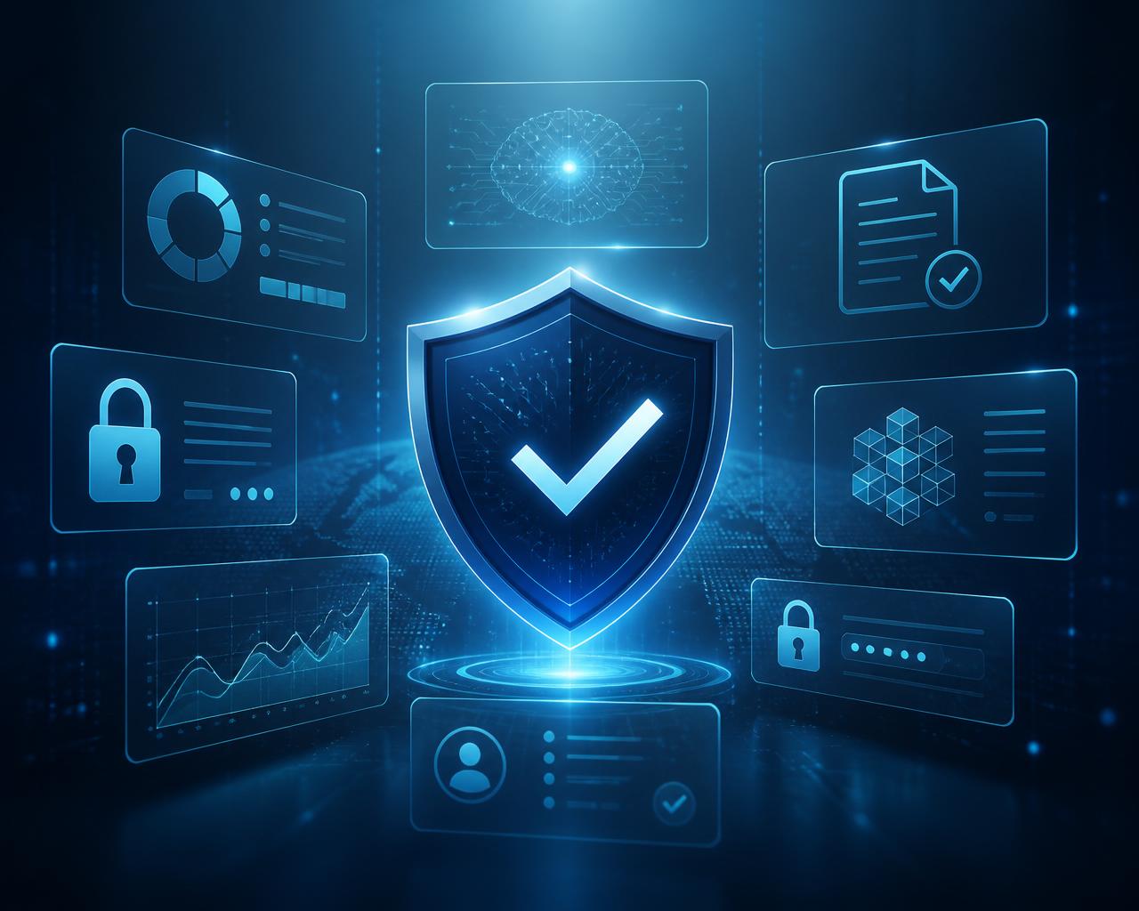 SecureWise GRC platform illustration showing shield, dashboards, encryption and AI